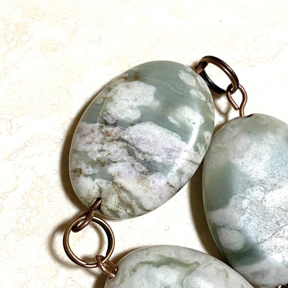 2/$20, Green Flower Agate Boho Bracelet, Large Genuine Gemstone + Copper Links - Picture 6 of 14